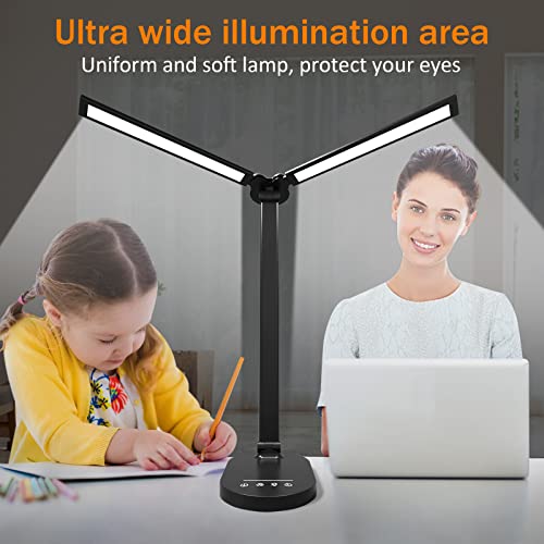 Desk Lamp, Double Head Desk Lamps for Home Office, Dimmable Desk Lamp with USB Charging Port, 5 Color Modes 5 Brightness Levels, LED Desk Light with Night Light, 1H Timer