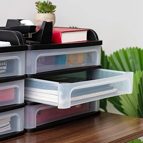 IRIS USA Medium 3-Drawer Desktop Organizer with Open Tray Top, for Office, School, Stationary, Makeup Organizer, Bathroom, Utility, Medical Supplies, Desk Organizer, Versatile Storage, Black