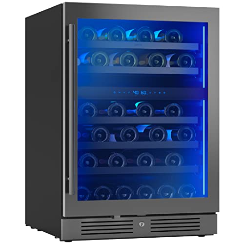 Zephyr Presrv 24" Wine Fridge Dual Zone Under Counter - Countertop Mini Wine Cooler Cellars Small Cabinet Wine Refrigerator Home Bar Chiller Freestanding with French Glass Door Black, 45 Bottles 750ml