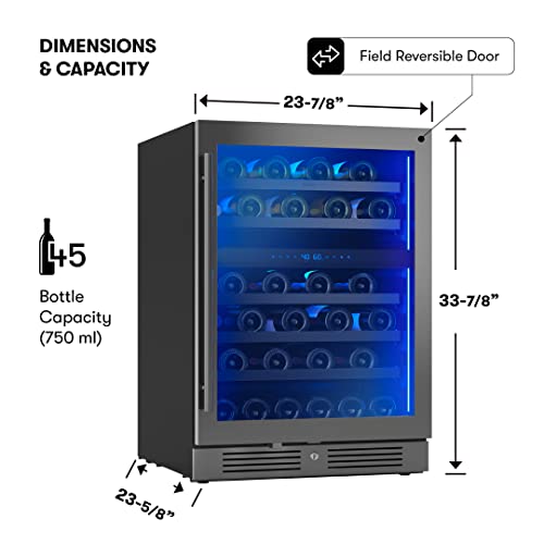 Zephyr Presrv 24" Wine Fridge Dual Zone Under Counter - Countertop Mini Wine Cooler Cellars Small Cabinet Wine Refrigerator Home Bar Chiller Freestanding with French Glass Door Black, 45 Bottles 750ml