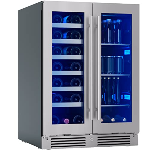 Zephyr Presrv 24'' Wine Fridge & Beverage Refrigerator Dual Zone Under Counter - Mini Wine Cooler Cellars Small Beer Fridge Cabinet Drink Chiller Freestanding with French Glass Door 21 Bottles, 64 Cans
