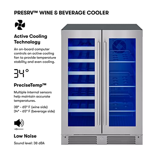 Zephyr Presrv 24'' Wine Fridge & Beverage Refrigerator Dual Zone Under Counter - Mini Wine Cooler Cellars Small Beer Fridge Cabinet Drink Chiller Freestanding with French Glass Door 21 Bottles, 64 Cans