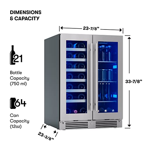 Zephyr Presrv 24'' Wine Fridge & Beverage Refrigerator Dual Zone Under Counter - Mini Wine Cooler Cellars Small Beer Fridge Cabinet Drink Chiller Freestanding with French Glass Door 21 Bottles, 64 Cans