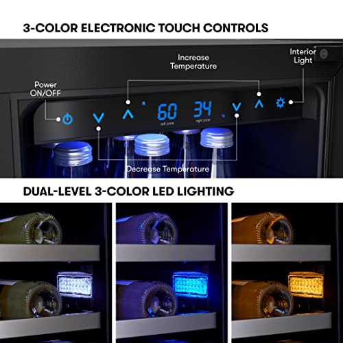 Zephyr Presrv 24'' Wine Fridge & Beverage Refrigerator Dual Zone Under Counter - Mini Wine Cooler Cellars Small Beer Fridge Cabinet Drink Chiller Freestanding with French Glass Door 21 Bottles, 64 Cans
