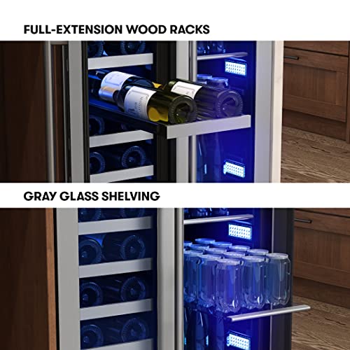 Zephyr Presrv 24'' Wine Fridge & Beverage Refrigerator Dual Zone Under Counter - Mini Wine Cooler Cellars Small Beer Fridge Cabinet Drink Chiller Freestanding with French Glass Door 21 Bottles, 64 Cans