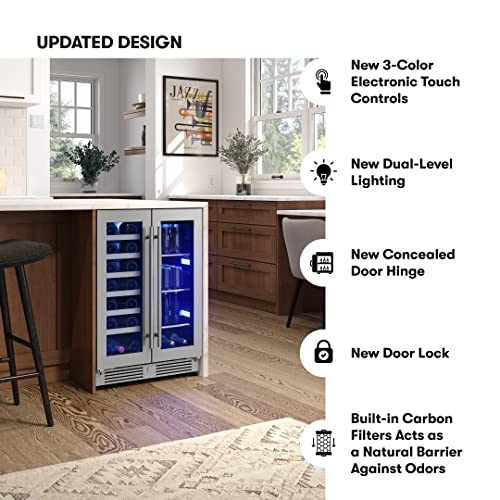 Zephyr Presrv 24'' Wine Fridge & Beverage Refrigerator Dual Zone Under Counter - Mini Wine Cooler Cellars Small Beer Fridge Cabinet Drink Chiller Freestanding with French Glass Door 21 Bottles, 64 Cans