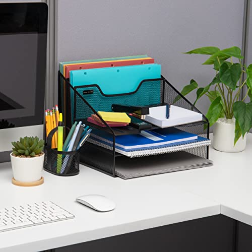 Mind Reader Network Collection, 3-Tier, 5-Compartment Desktop Organizer with 2 Vertical File Holders and 3 Horizontal Paper Trays, Desktop Organizer, Metal Mesh, Black