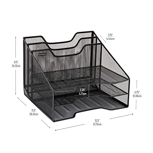 Mind Reader Network Collection, 3-Tier, 5-Compartment Desktop Organizer with 2 Vertical File Holders and 3 Horizontal Paper Trays, Desktop Organizer, Metal Mesh, Black