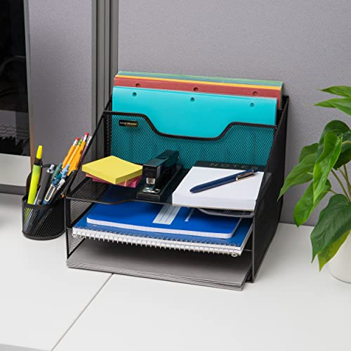 Mind Reader Network Collection, 3-Tier, 5-Compartment Desktop Organizer with 2 Vertical File Holders and 3 Horizontal Paper Trays, Desktop Organizer, Metal Mesh, Black