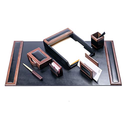 Dacasso Wood & Leather Set Luxury Leather Desk Pad & Desk Organization Essentials, 7 Piece, Walnut & Black