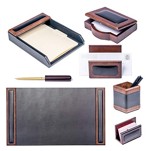Dacasso Wood & Leather Set Luxury Leather Desk Pad & Desk Organization Essentials, 7 Piece, Walnut & Black