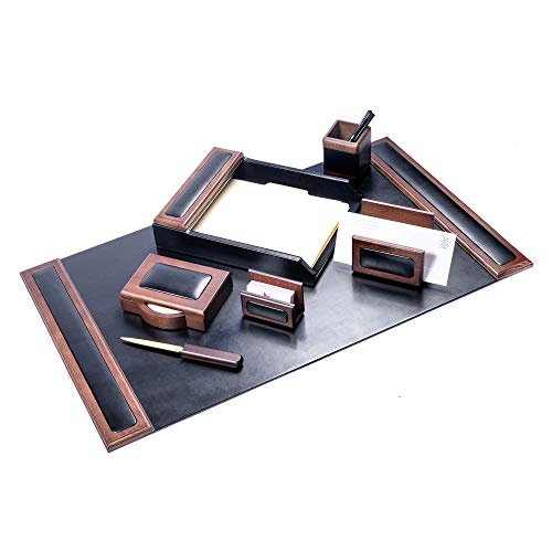 Dacasso Wood & Leather Set Luxury Leather Desk Pad & Desk Organization Essentials, 7 Piece, Walnut & Black