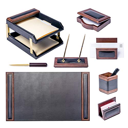 Dacasso Walnut and Black Leather Desk Set, 10-Piece, 34" x 20"