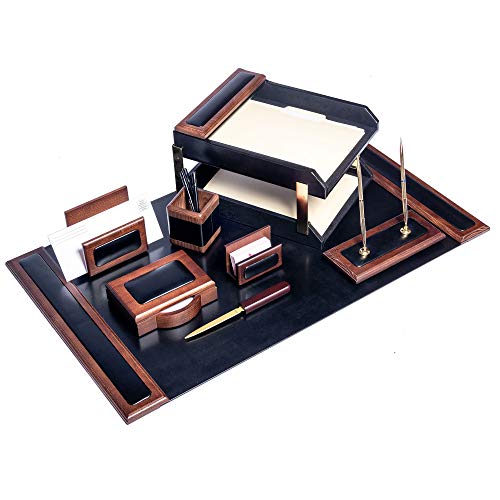 Dacasso Walnut and Black Leather Desk Set, 10-Piece, 34" x 20"