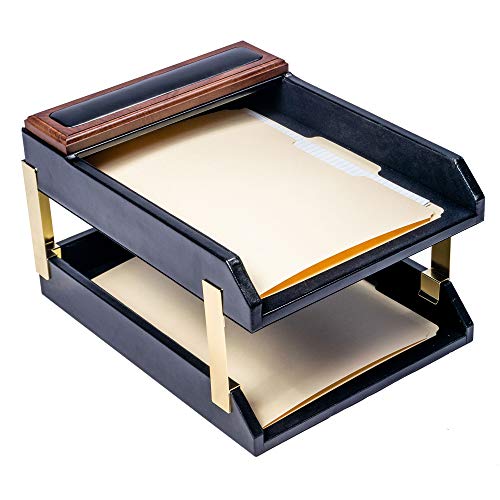 Dacasso Walnut and Black Leather Desk Set, 10-Piece, 34" x 20"