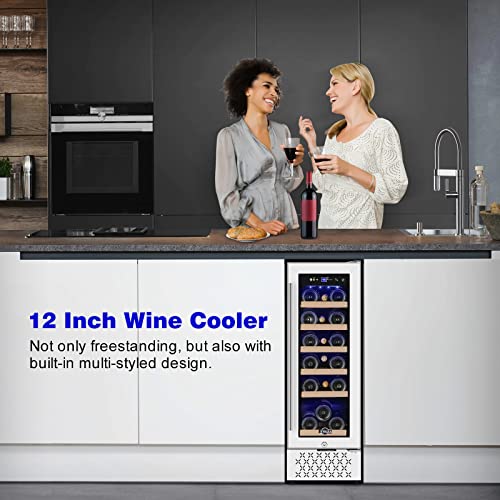 Tylza 12" Wine Cooler Refrigerator 18 Bottle Wine Fridge Built-in or Freestanding with Stainless Steel & Double-Layer Tempered Glass Door Compressor Fast Cooling Low Noise and No Fog Mini Fridge