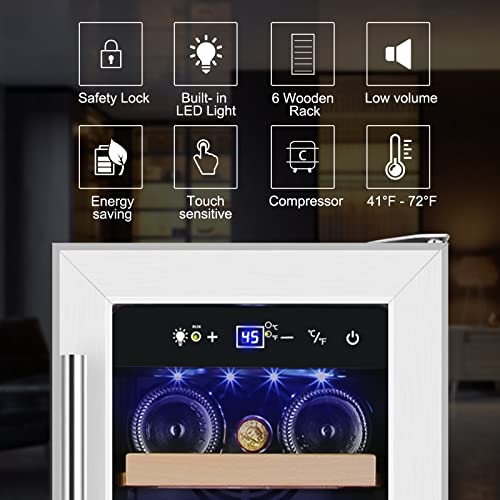 Tylza 12" Wine Cooler Refrigerator 18 Bottle Wine Fridge Built-in or Freestanding with Stainless Steel & Double-Layer Tempered Glass Door Compressor Fast Cooling Low Noise and No Fog Mini Fridge