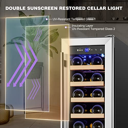 Tylza 12" Wine Cooler Refrigerator 18 Bottle Wine Fridge Built-in or Freestanding with Stainless Steel & Double-Layer Tempered Glass Door Compressor Fast Cooling Low Noise and No Fog Mini Fridge