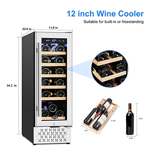 Tylza 12" Wine Cooler Refrigerator 18 Bottle Wine Fridge Built-in or Freestanding with Stainless Steel & Double-Layer Tempered Glass Door Compressor Fast Cooling Low Noise and No Fog Mini Fridge