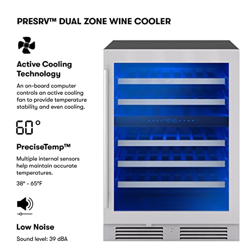 Zephyr Presrv 24" Wine Fridge Dual Zone Under Counter - Countertop Mini Wine Cooler Cellars Small Cabinet Wine Refrigerator Home Bar Chiller Freestanding with French Glass Door Black, 45 Bottles 750ml
