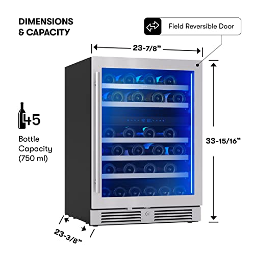 Zephyr Presrv 24" Wine Fridge Dual Zone Under Counter - Countertop Mini Wine Cooler Cellars Small Cabinet Wine Refrigerator Home Bar Chiller Freestanding with French Glass Door Black, 45 Bottles 750ml