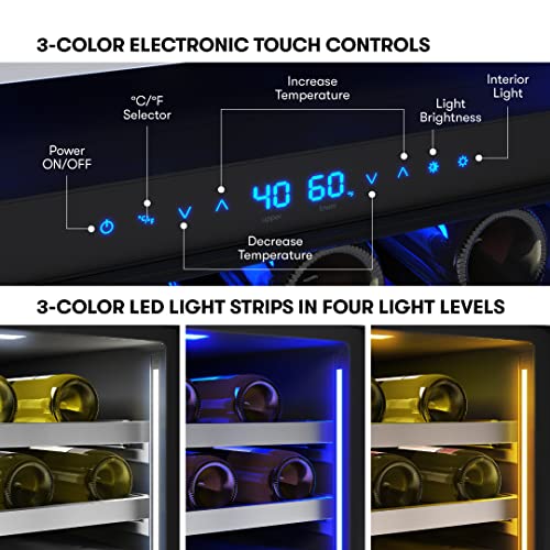 Zephyr Presrv 24" Wine Fridge Dual Zone Under Counter - Countertop Mini Wine Cooler Cellars Small Cabinet Wine Refrigerator Home Bar Chiller Freestanding with French Glass Door Black, 45 Bottles 750ml