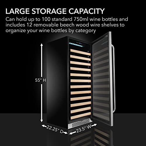Whynter BWR-1002SD 100 Built-in or Freestanding Stainless Steel Compressor Large Capacity Wine Refrigerator Rack for Open LED Display, Black-100 Bottle, Black