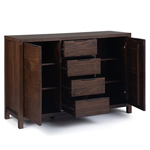 SIMPLIHOME Hollander Solid Pine Wood 54 inch Contemporary Modern Sideboard Buffet and Wine Rack in Warm Walnut Brown features 2 Doors, 4 Drawers and 2 Cabinets with Large storage spaces