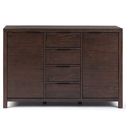 SIMPLIHOME Hollander Solid Pine Wood 54 inch Contemporary Modern Sideboard Buffet and Wine Rack in Warm Walnut Brown features 2 Doors, 4 Drawers and 2 Cabinets with Large storage spaces