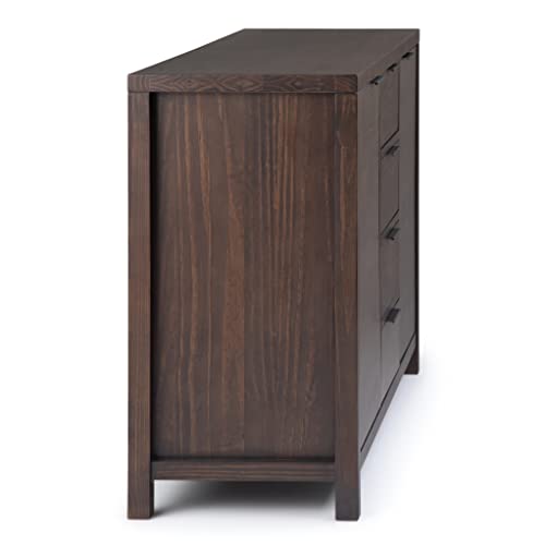SIMPLIHOME Hollander Solid Pine Wood 54 inch Contemporary Modern Sideboard Buffet and Wine Rack in Warm Walnut Brown features 2 Doors, 4 Drawers and 2 Cabinets with Large storage spaces