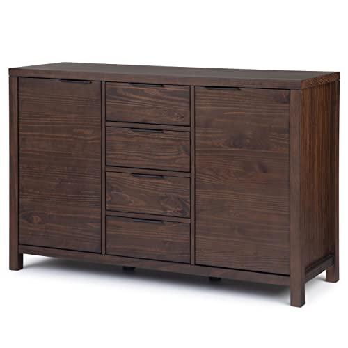 SIMPLIHOME Hollander Solid Pine Wood 54 inch Contemporary Modern Sideboard Buffet and Wine Rack in Warm Walnut Brown features 2 Doors, 4 Drawers and 2 Cabinets with Large storage spaces