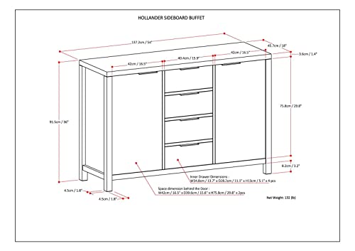 SIMPLIHOME Hollander Solid Pine Wood 54 inch Contemporary Modern Sideboard Buffet and Wine Rack in Warm Walnut Brown features 2 Doors, 4 Drawers and 2 Cabinets with Large storage spaces