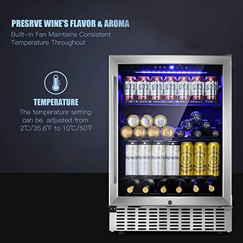 Antarctic Star 24 Inch Beverage Refrigerator Under Counter Built-in Wine Cooler Mini Fridge Clear Glass Door Digital Memory Temperature Control, Beer Soda LED Light, Quiet Operation (24 Inch)