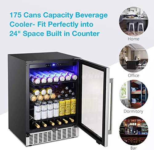 Antarctic Star 24 Inch Beverage Refrigerator Under Counter Built-in Wine Cooler Mini Fridge Clear Glass Door Digital Memory Temperature Control, Beer Soda LED Light, Quiet Operation (24 Inch)