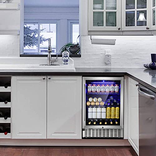 Antarctic Star 24 Inch Beverage Refrigerator Under Counter Built-in Wine Cooler Mini Fridge Clear Glass Door Digital Memory Temperature Control, Beer Soda LED Light, Quiet Operation (24 Inch)