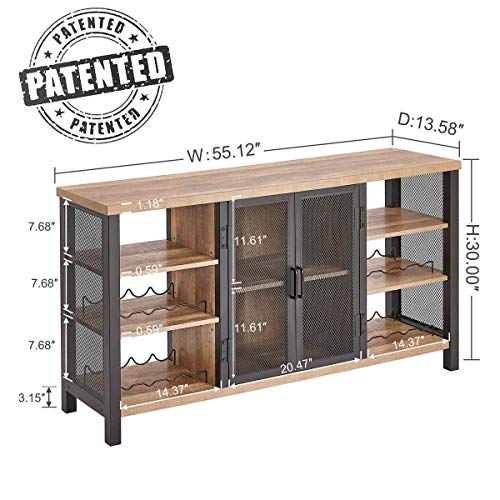 FATORRI Industrial Wine Bar Cabinet for Liquor and Glasses, Farmhouse Wood Coffee Bar Cabinet with Wine Rack, Metal Sideboard and Buffet Cabinet (55 Inch, Rustic Oak)