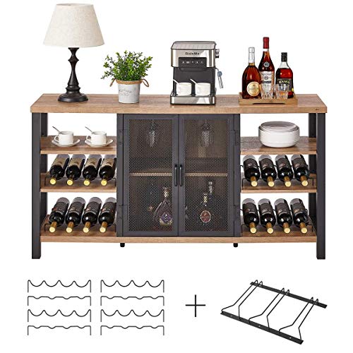 FATORRI Industrial Wine Bar Cabinet for Liquor and Glasses, Farmhouse Wood Coffee Bar Cabinet with Wine Rack, Metal Sideboard and Buffet Cabinet (55 Inch, Rustic Oak)