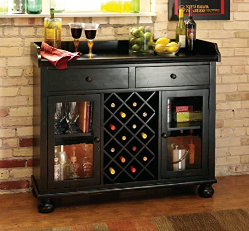 Howard Miller Cabernet Hills Wine & Bar Console 695-002 – Worn Black Finish, Home Liquor Storage, 14 Bottle Wine Rack, Locking Door, Adjustable Floor Levelers