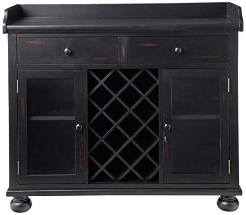 Howard Miller Cabernet Hills Wine & Bar Console 695-002 – Worn Black Finish, Home Liquor Storage, 14 Bottle Wine Rack, Locking Door, Adjustable Floor Levelers