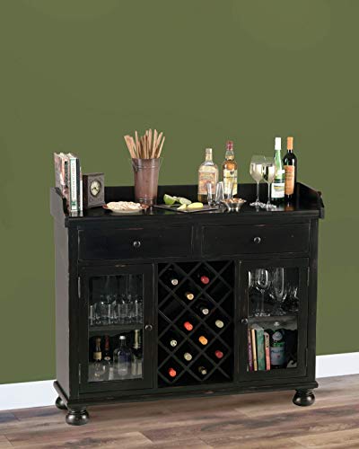 Howard Miller Cabernet Hills Wine & Bar Console 695-002 – Worn Black Finish, Home Liquor Storage, 14 Bottle Wine Rack, Locking Door, Adjustable Floor Levelers