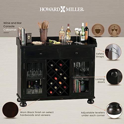 Howard Miller Cabernet Hills Wine & Bar Console 695-002 – Worn Black Finish, Home Liquor Storage, 14 Bottle Wine Rack, Locking Door, Adjustable Floor Levelers