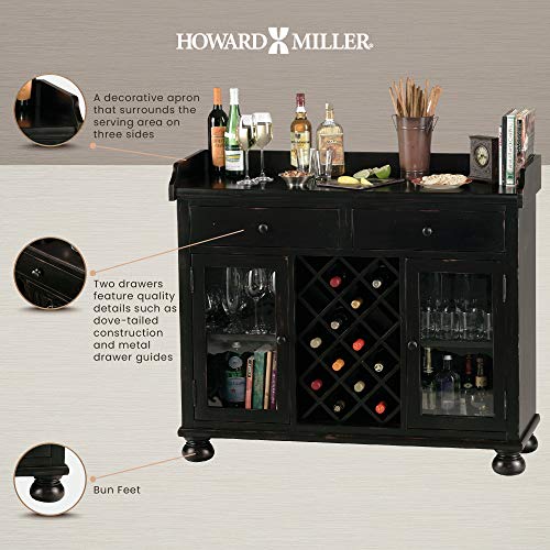 Howard Miller Cabernet Hills Wine & Bar Console 695-002 – Worn Black Finish, Home Liquor Storage, 14 Bottle Wine Rack, Locking Door, Adjustable Floor Levelers