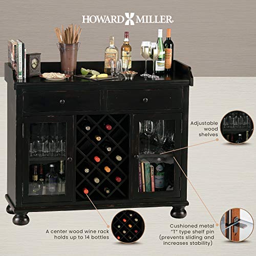 Howard Miller Cabernet Hills Wine & Bar Console 695-002 – Worn Black Finish, Home Liquor Storage, 14 Bottle Wine Rack, Locking Door, Adjustable Floor Levelers