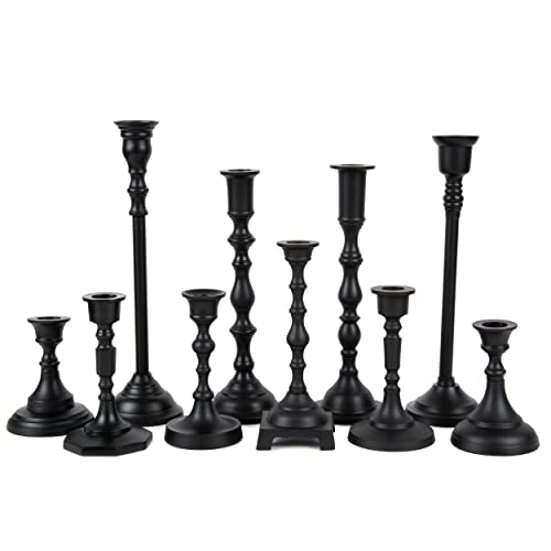 Koyal Wholesale Mixed Taper Holders, Set of 10, Mismatched Candlesticks Set, Bohemian Decorative Taper Candle Set Holder for Modern Candle Centerpieces, Mantle Decor, French Provincial (Matte Black)