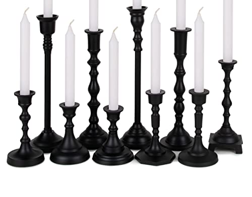 Koyal Wholesale Mixed Taper Holders, Set of 10, Mismatched Candlesticks Set, Bohemian Decorative Taper Candle Set Holder for Modern Candle Centerpieces, Mantle Decor, French Provincial (Matte Black)