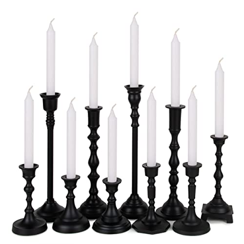 Koyal Wholesale Mixed Taper Holders, Set of 10, Mismatched Candlesticks Set, Bohemian Decorative Taper Candle Set Holder for Modern Candle Centerpieces, Mantle Decor, French Provincial (Matte Black)