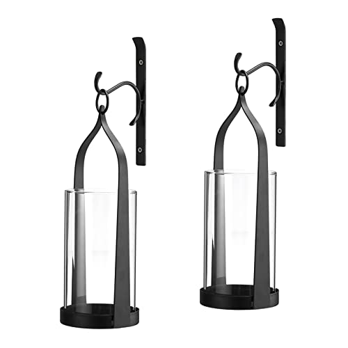 Wisiron Hanging Wall Sconce Medieval Modern Wall Mounted Hurricane Candle Holder Glass & Metal Farmhouse Handcrafted Wall Art Decorations, Black Set of 2 HT21-0205B2