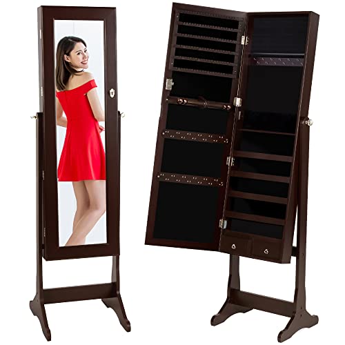 Best Choice Products Standing Mirror Armoire, Lockable Jewelry Storage Organizer Cabinet w/Velvet Interior, 3 Angle Adjustments - Brown
