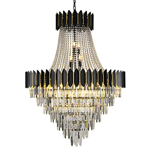 Afficat Luxury Modern Crystal Chandelier K9 Raindrop Crystal Chandelier Black Finish 7-Tier Crystal Pendant Ceiling Light Fixture for Dining Room Living Room Foyer Hallway(D40in-31 Lights)