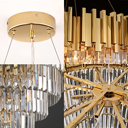 OSAIRUOS Large Crystal Chandelier Modern Round Chandeliers for Living Room Foyer Bedroom 7-Tier 21-Lights Raindrop Chandelier Lighting Fixture Hanging Stainless Steel Plated Gold W39.4